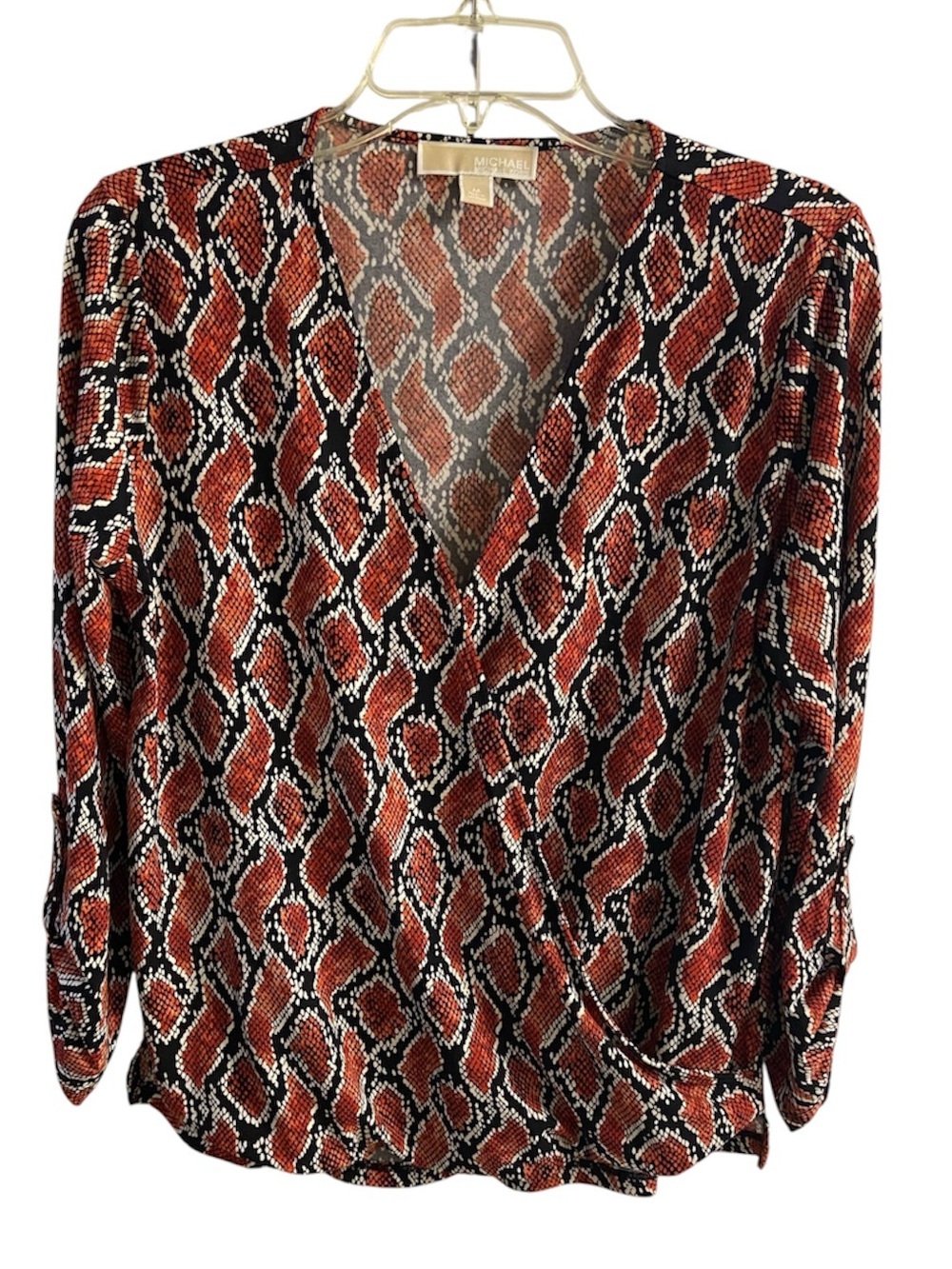 Michael Kors Women's Rust Black Snakeskin Print Faux Wrap Blouse Medium